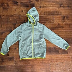 LL Bean Kids Hooded Windbreaker Jacket Sage Green Neon Yellow Ripstop M 10-12